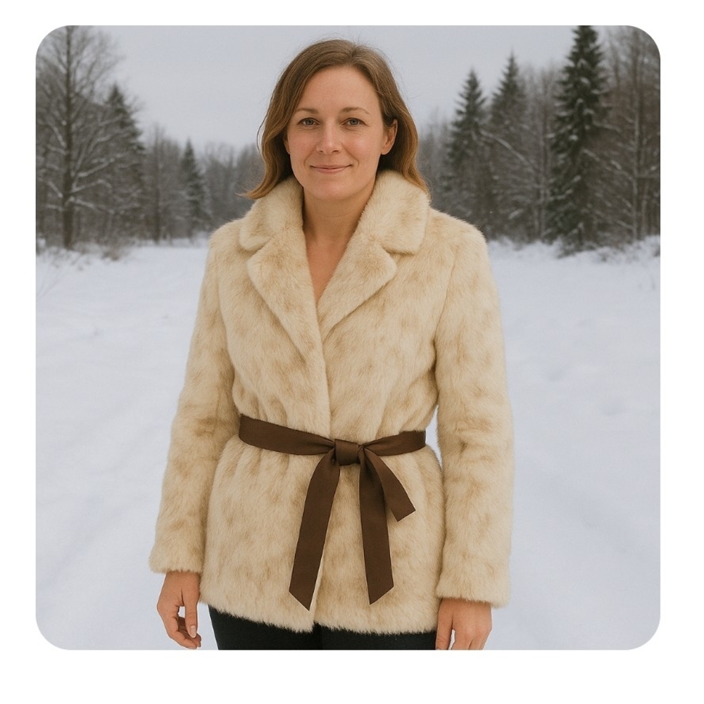 Chic Cream Teddy Jacket with Brown Belt 100% Rabbit Fur